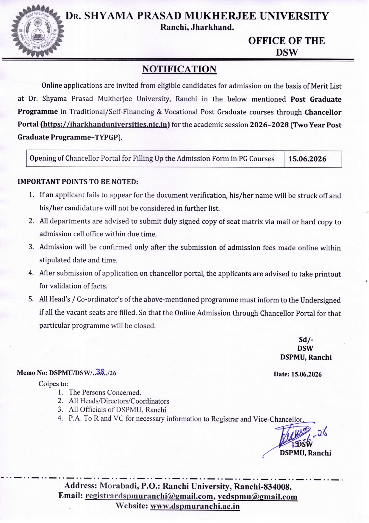 Admission Open for PG Course for Academic Session 2026-2028